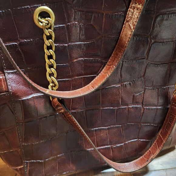 FOSSIL MIMI SHOPPER DARK BROWN CROCODILE LEATHER TOTE,GOLD CHAIN SHOULDER BAG - Picture 9 of 16